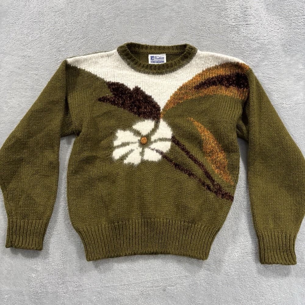 Fashion International Sweater Women L Floral Green Crewneck Wool Blend Y2K Vtg